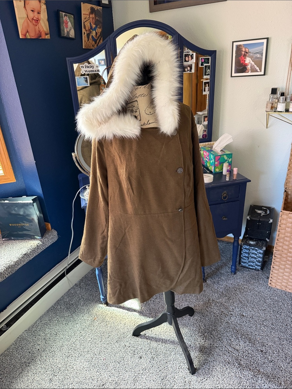 Torrid Outlander Brown Trench Coat with White Faux Fur Hood Trim